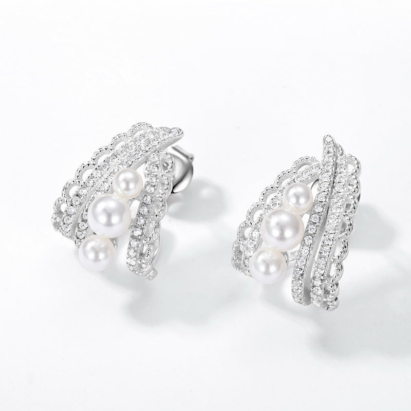 S925 Sterling Silver Vintage Lace Hollow Pearl Earrings