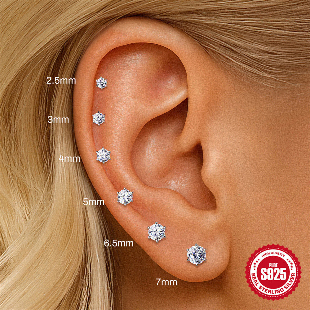 S925 Sterling Silver Six-Prong Moissanite Cartilage Stud Earring(Single unit)