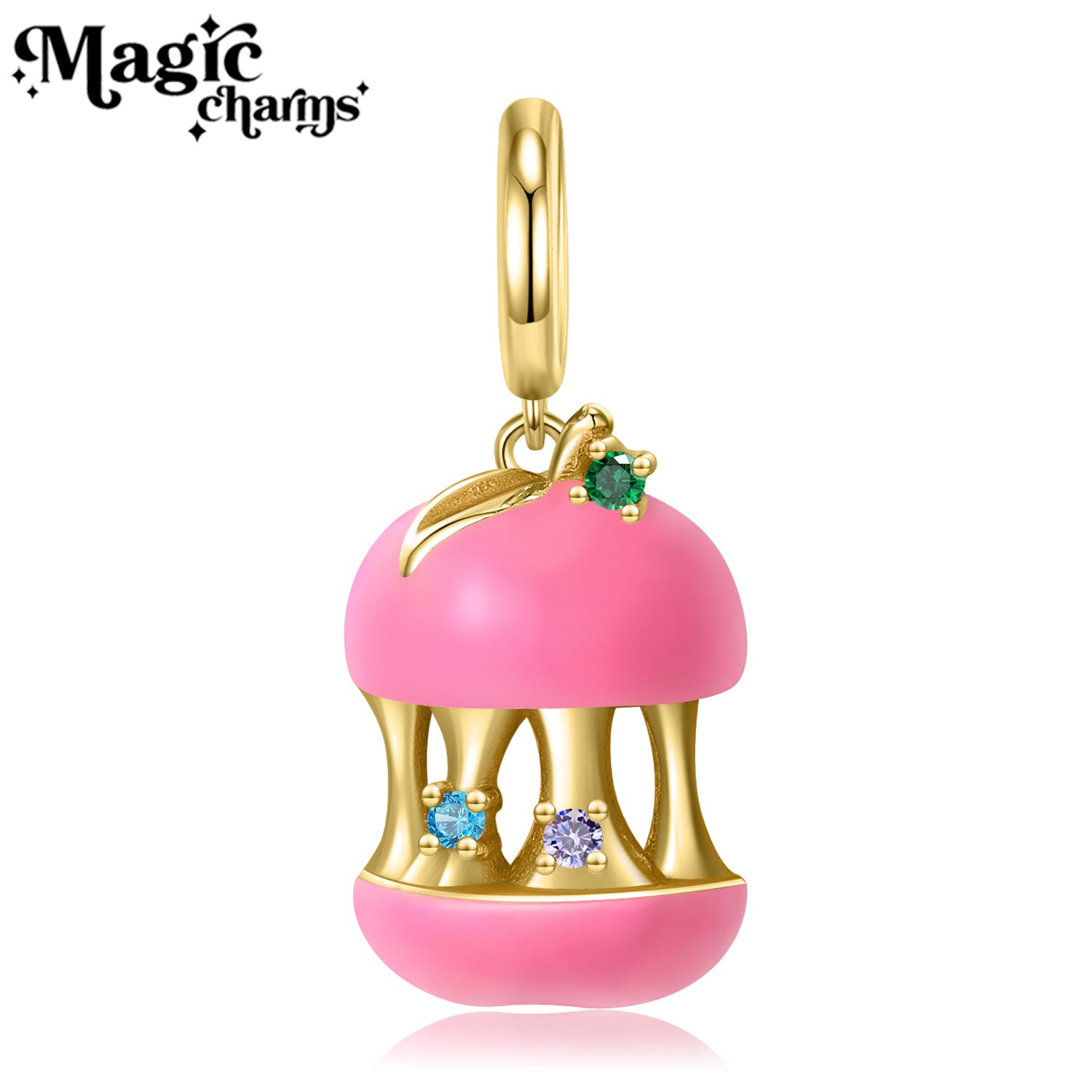 S925 Sterling Silver Pink Brushed Apple Bead Charm 14K Gold Plated with Zircon