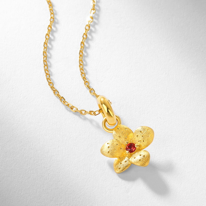 S925 Sterling Silver Gold-Plated Vintage Garnet Flower Pendant Necklace