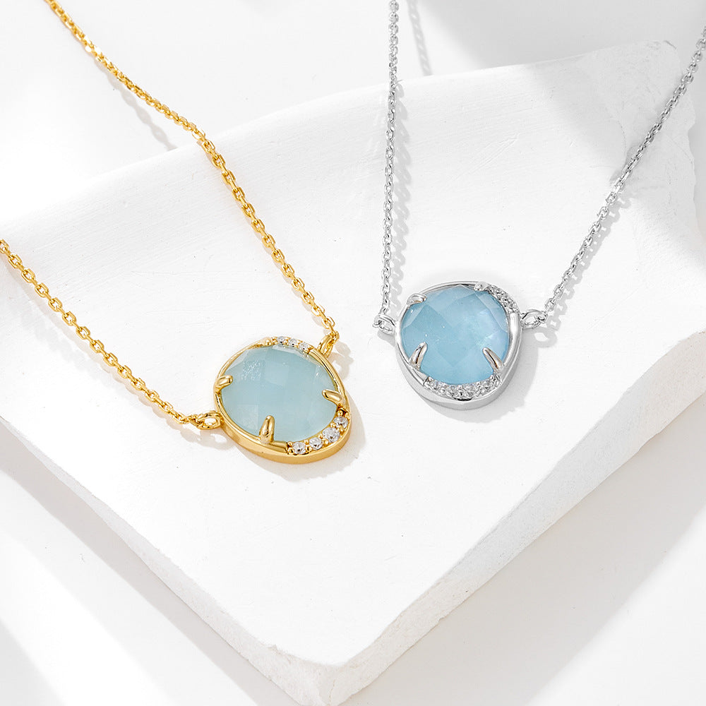 S925 Sterling Silver Oval Egg-Shaped Natural Aquamarine Zircon Pendant Necklace