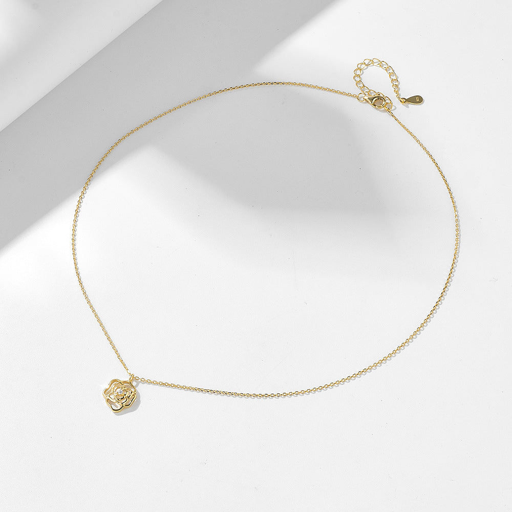S925 Sterling Silver Retro Hollow Rose Zircon Necklace