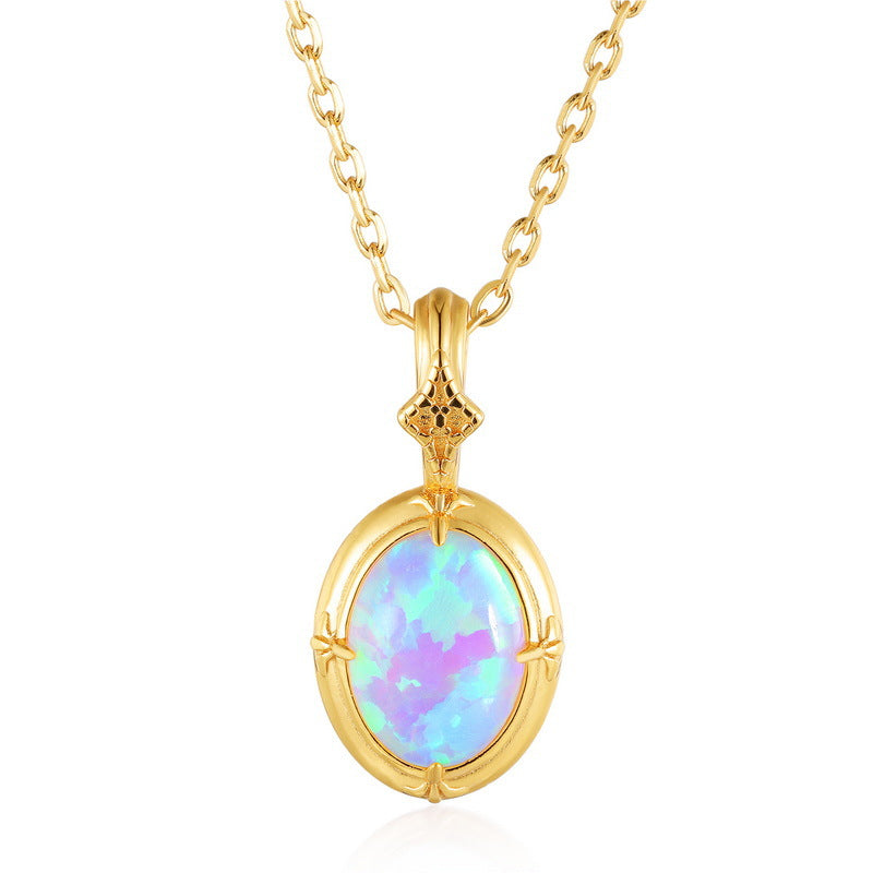 S925 Sterling Silver Plated Gold Synthetic Opal Charm Necklace