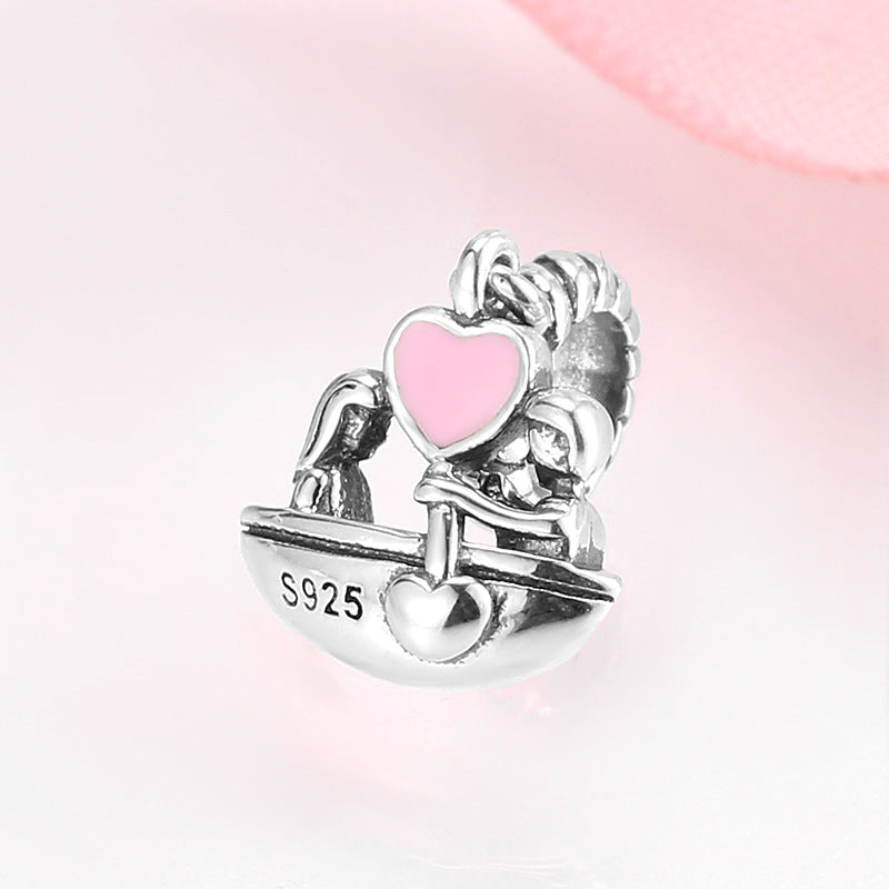 S925 Sterling Silver Pink Heart Shaped Couple Rowing Pendant