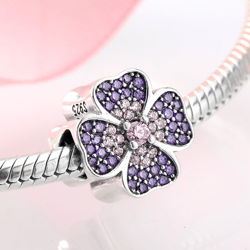 S925 Sterling Silver Sparkling Pink Purple Four Leaf Clover Bead Pendant
