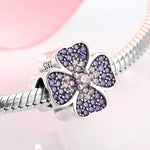 S925 Sterling Silver Sparkling Pink Purple Four Leaf Clover Bead Pendant