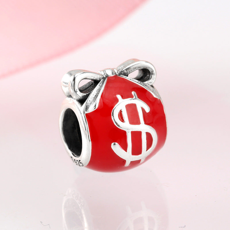 S925 Sterling Silver Red Dollar Symbol Purse Lucky Bracelet Pendant