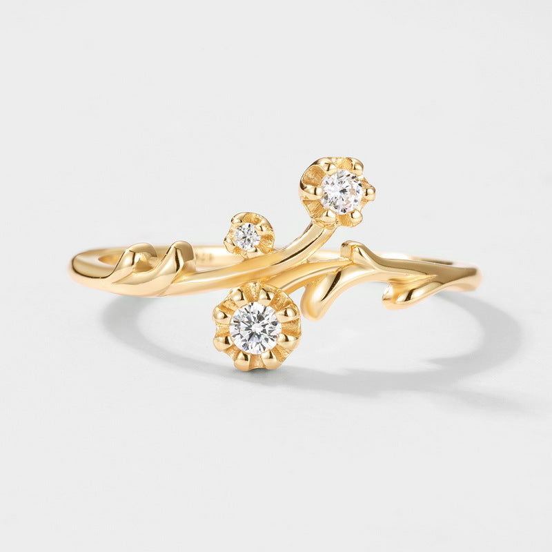 S925 Sterling Silver Gold-Plated Flower Zircon Inlaid Ring