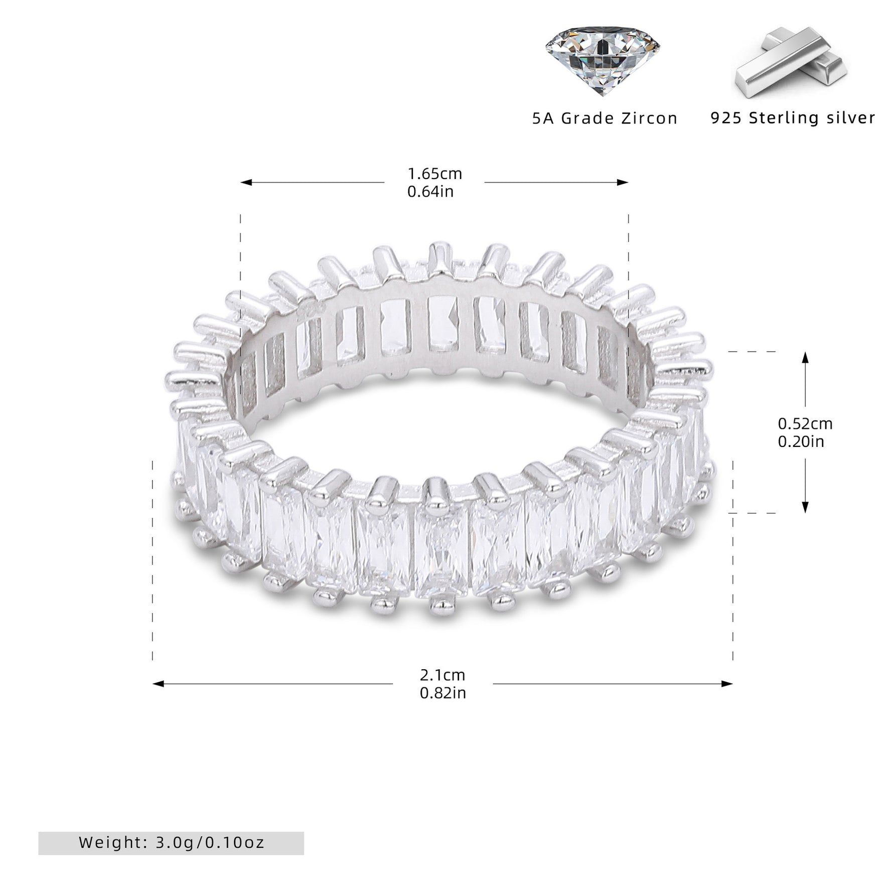Versatile S925 sterling silver ring with rectangular zircon clusters