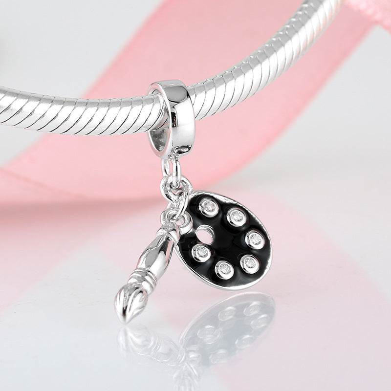 S925 Sterling Silver Art Palette and Paintbrush Zircon Inlaid Pendant