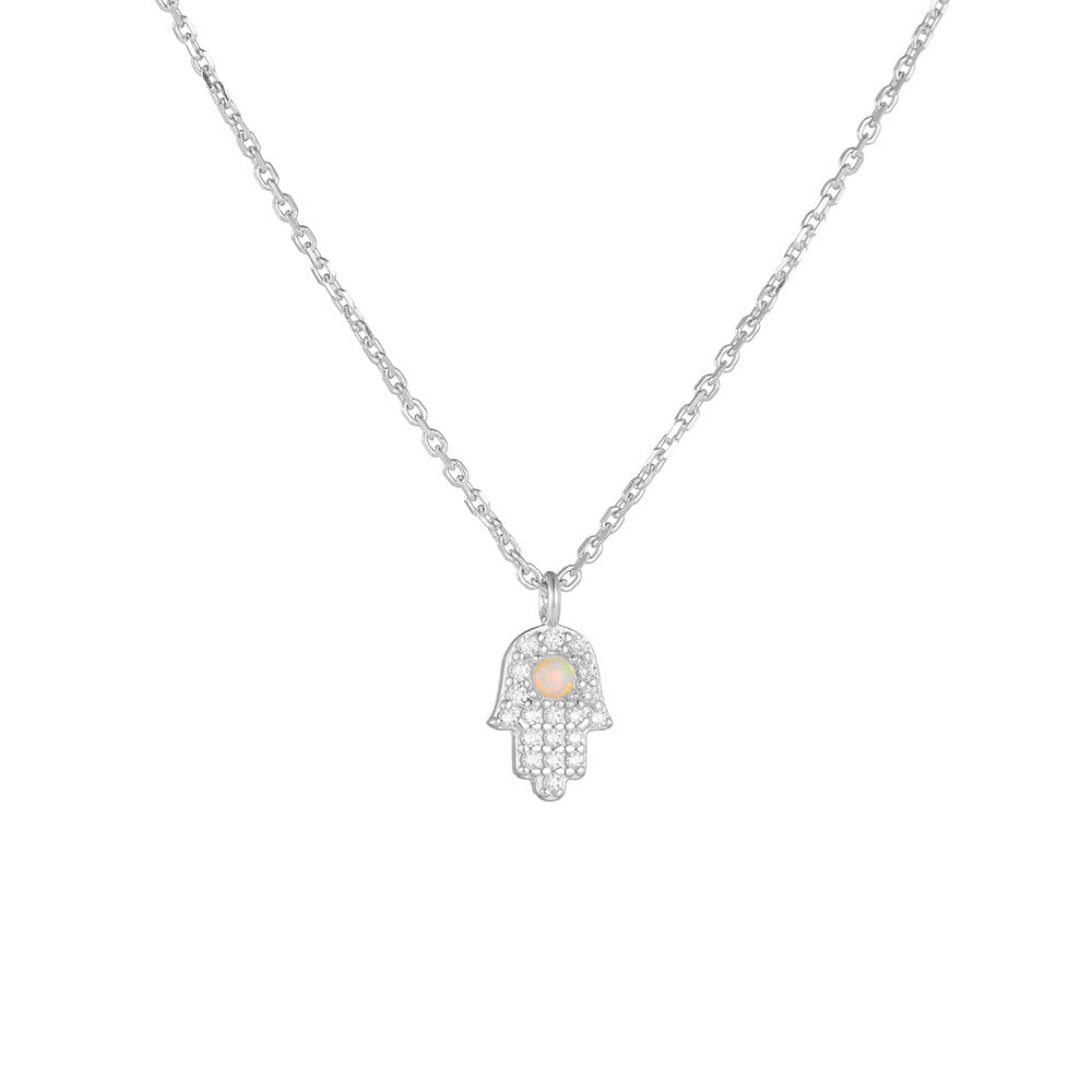 S925 Sterling Silver Fatima Hand Zircon Inlaid Necklace