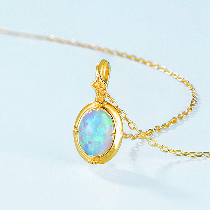 S925 Sterling Silver Plated Gold Synthetic Opal Charm Necklace