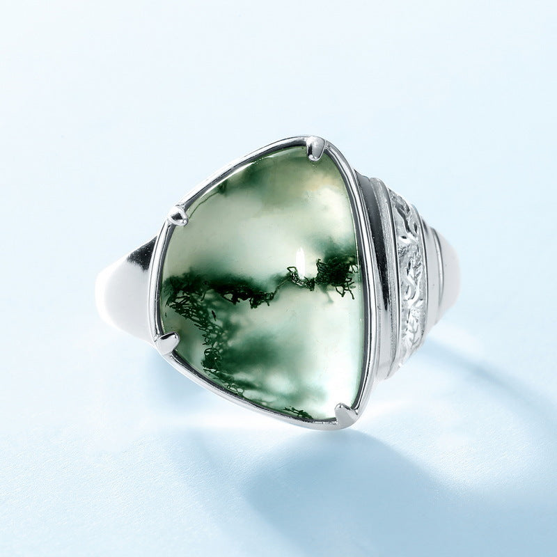 S925 Sterling Silver Geometric Irregular Moss Stone Ring