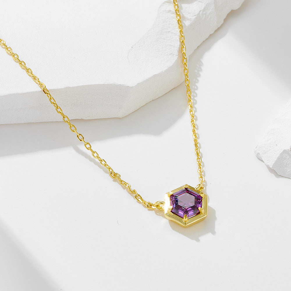 S925 Sterling Silver Hexagonal Amethyst Zircon Pendant Necklace