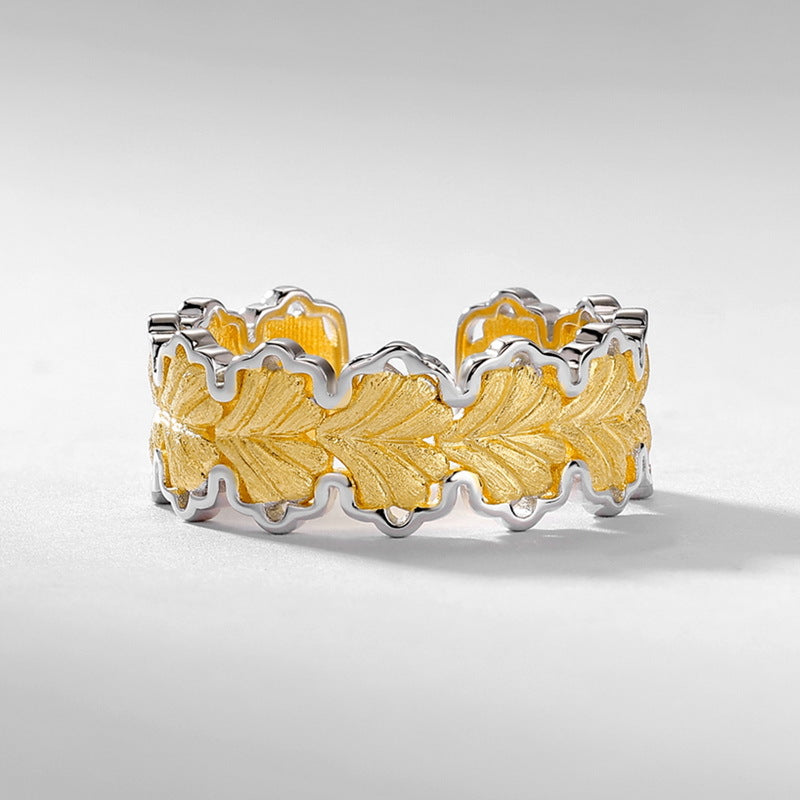 S925 Sterling Silver Gold-Plated Ginkgo Leaf Irregular Ring