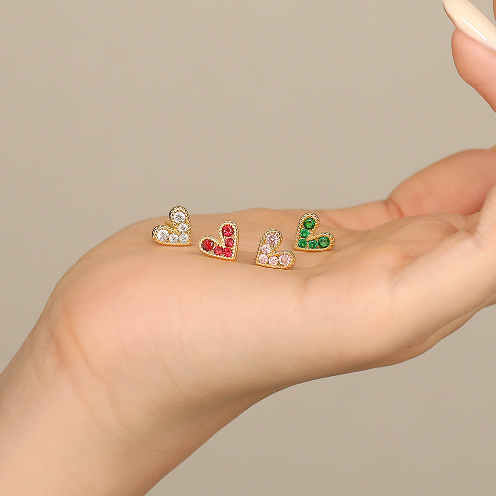 S925 Sterling Silver Heart Stud Earrings with Colorful Zirconia