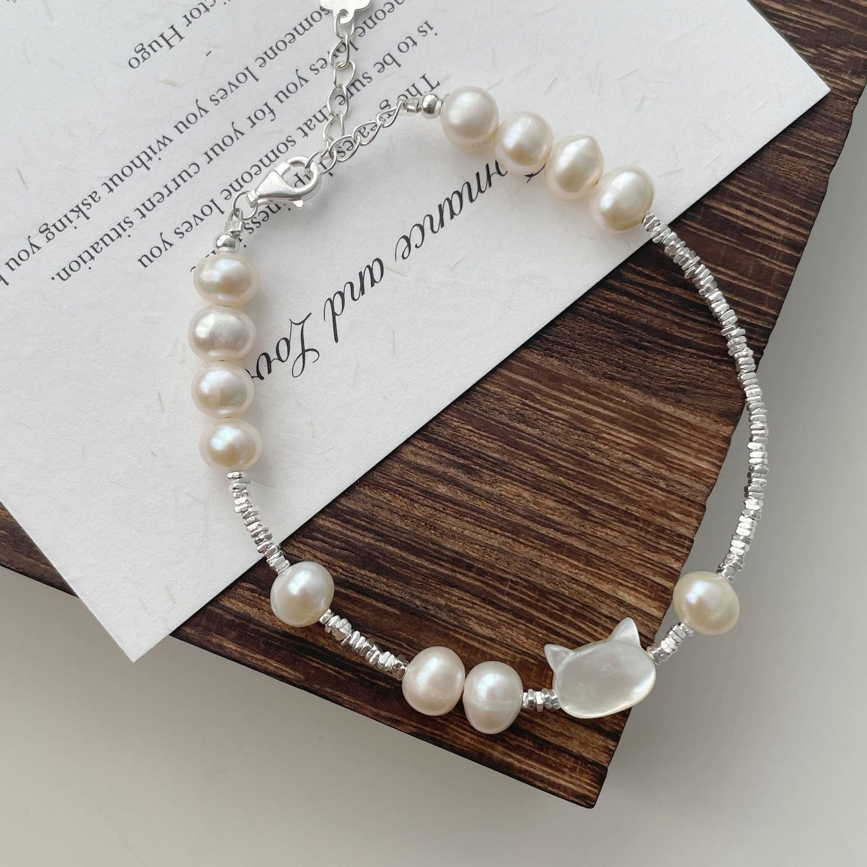 S925 silver natural fritillary cat freshwater pearl broken silver bracelet
