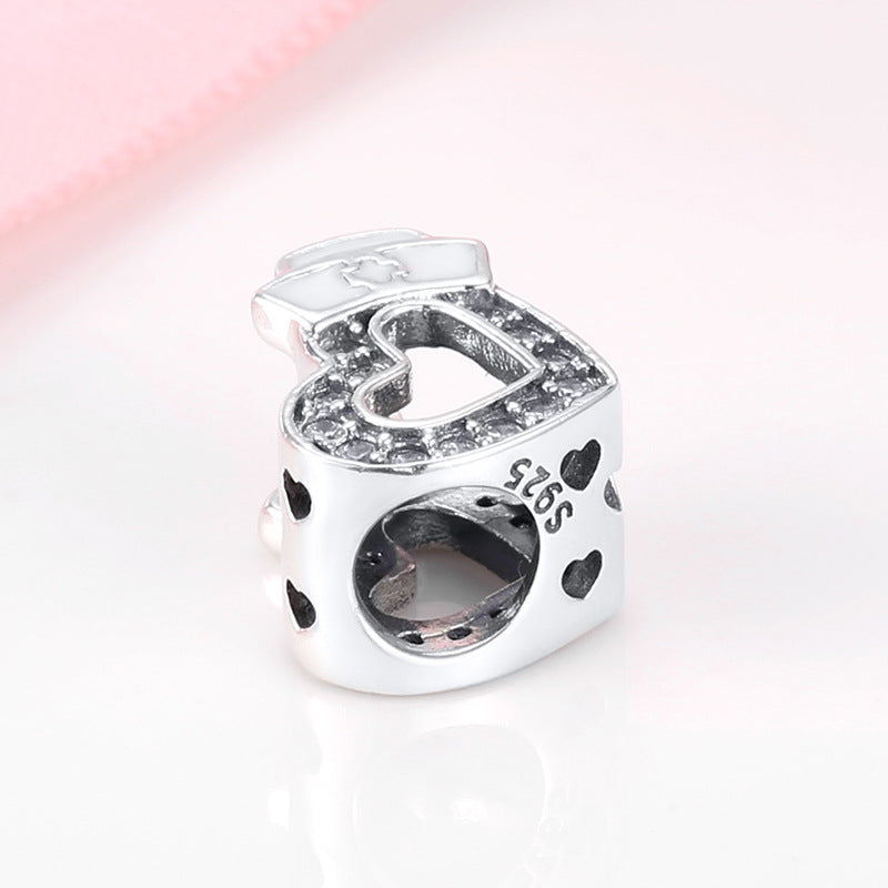 S925 Sterling Silver Heart Shape Nurse Cap Zircon Inlaid Bead Pendant