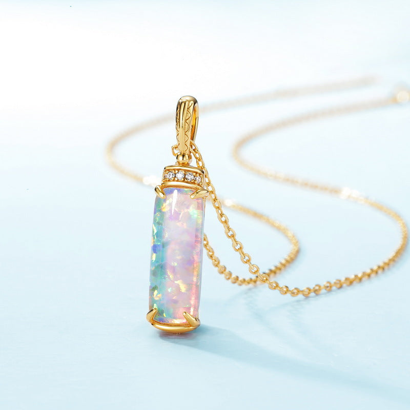S925 Sterling Silver Gold-Plated Cylindrical Opal and Green Moss Pendant Necklace