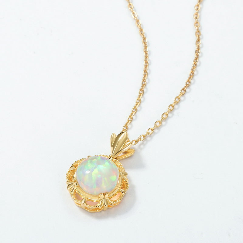 S925 Sterling Silver Synthetic Opal Pendant Clavicle Chain Necklace