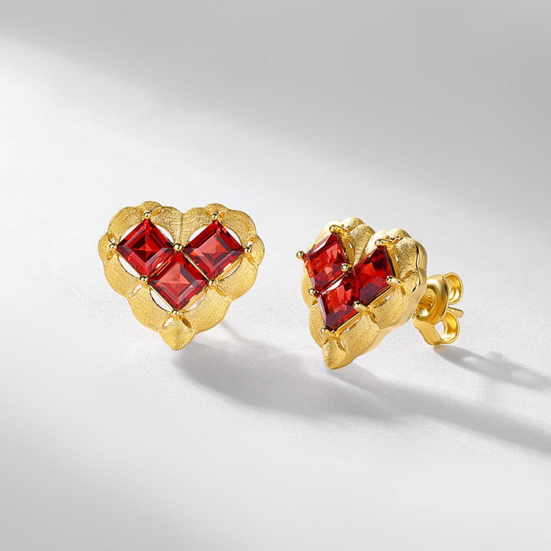 S925 Sterling Silver Gold-Plated Garnet Heart Earrings