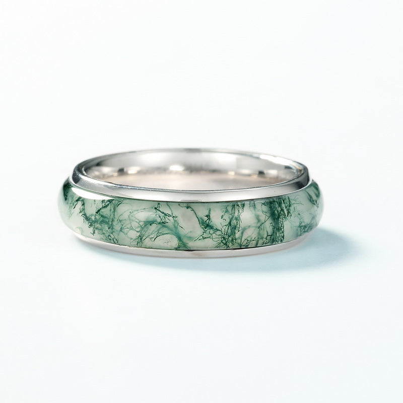 S925 Sterling Silver Ring Set with Green Moss Stone