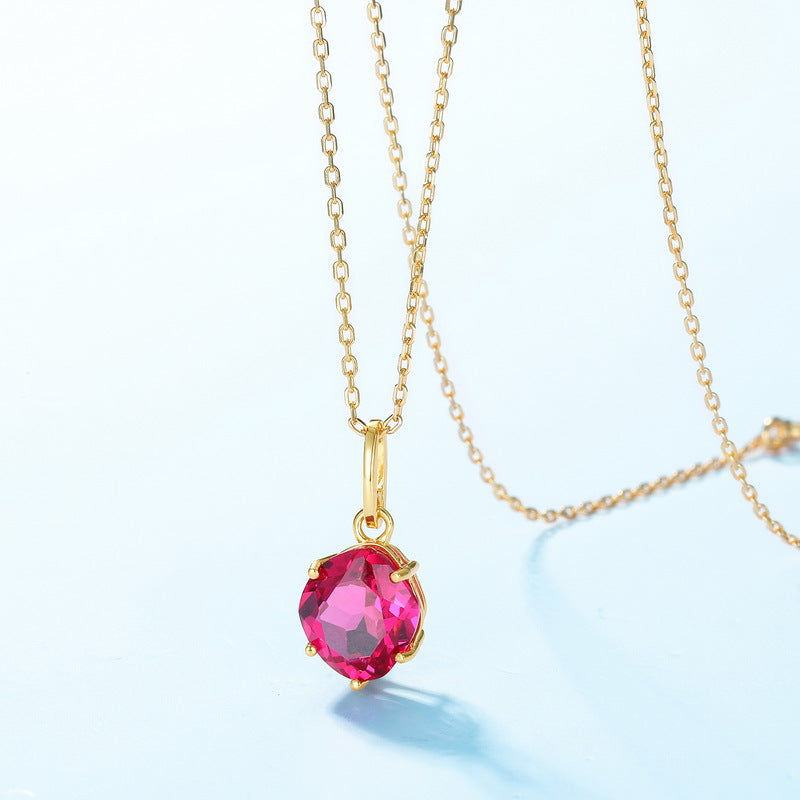 S925 Sterling Silver Wine Red Corundum Pendant Necklace