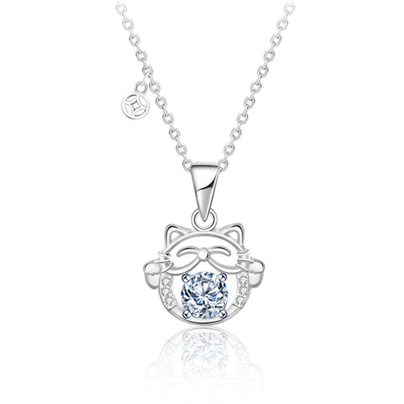 S925 Sterling Silver  Lucky Cat Moissanite Pendant Necklace