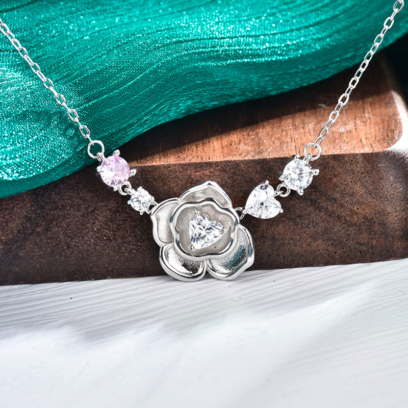 S925 Sterling Silver Moissanite Heart-Shaped Pendant Rose Necklace