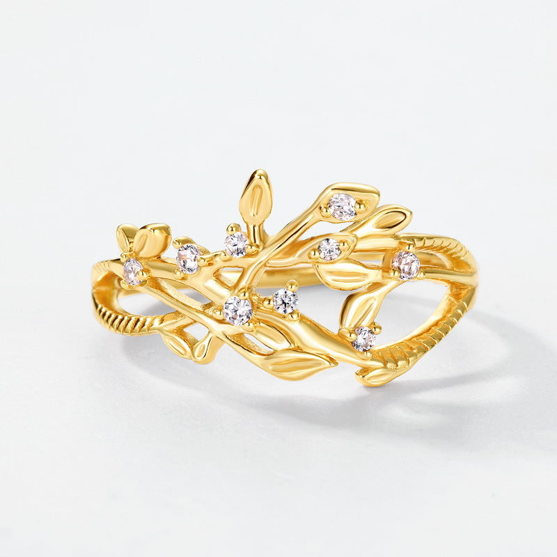 S925 Sterling Silver Gold-Plated Hollow Leaf Vine Zircon Ring