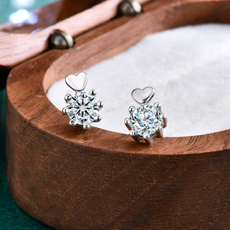925 Sterling Silver Heart-Shaped Six-Prong Moissanite Earrings
