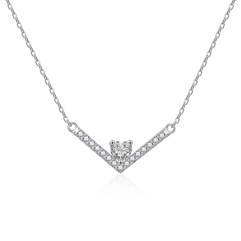 S925 Sterling Silver Moissanite V-Shaped Heart Necklace
