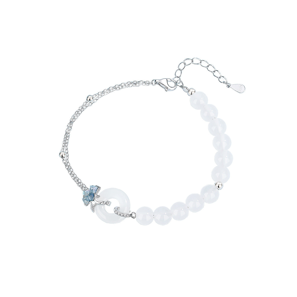 S925 Silver White Chalcedony Bracelet, Icy‑Crushed Ginkgo Leaf Safety Buckle