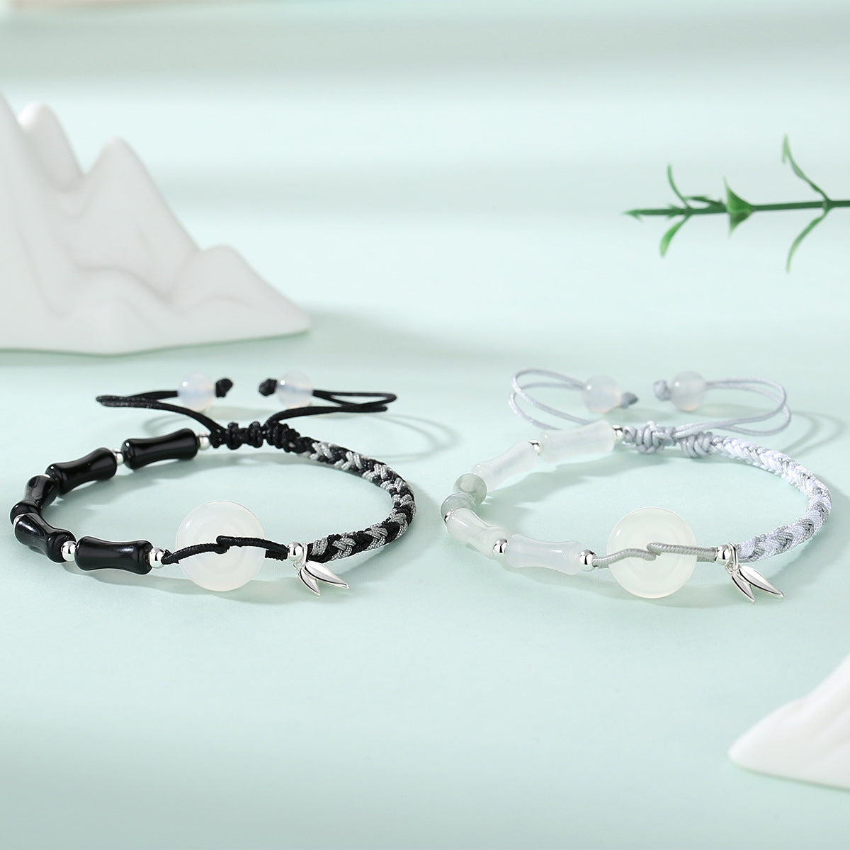 S925 Sterling Silver Braided Couple Bracelet, White Chalcedony Safety Buckle with Obsidian Bamboo‑Joint