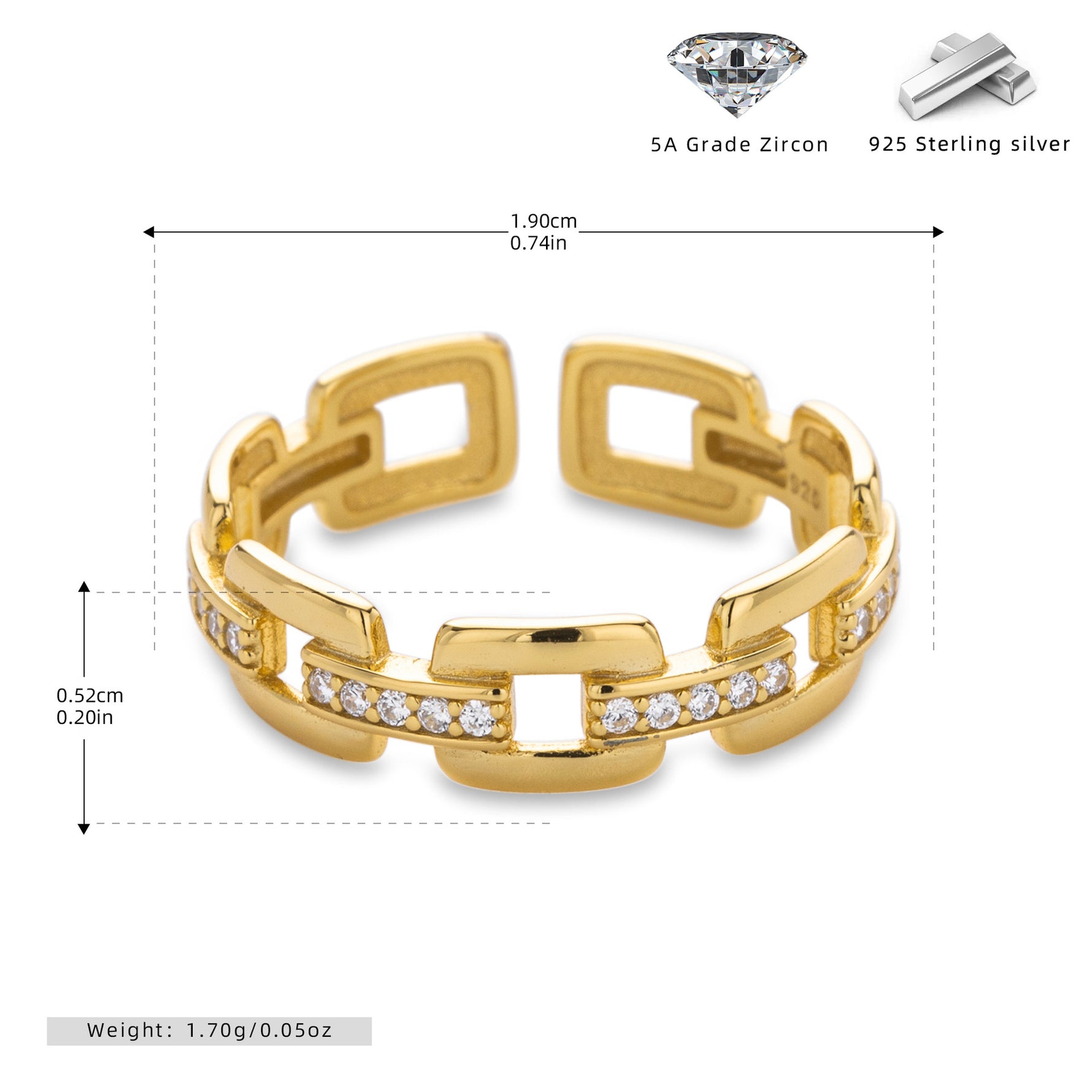 S925 Sterling Silver Ring with Zirconia Chain