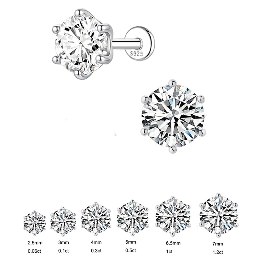 S925 Sterling Silver Six-Prong Moissanite Cartilage Stud Earring(Single unit)