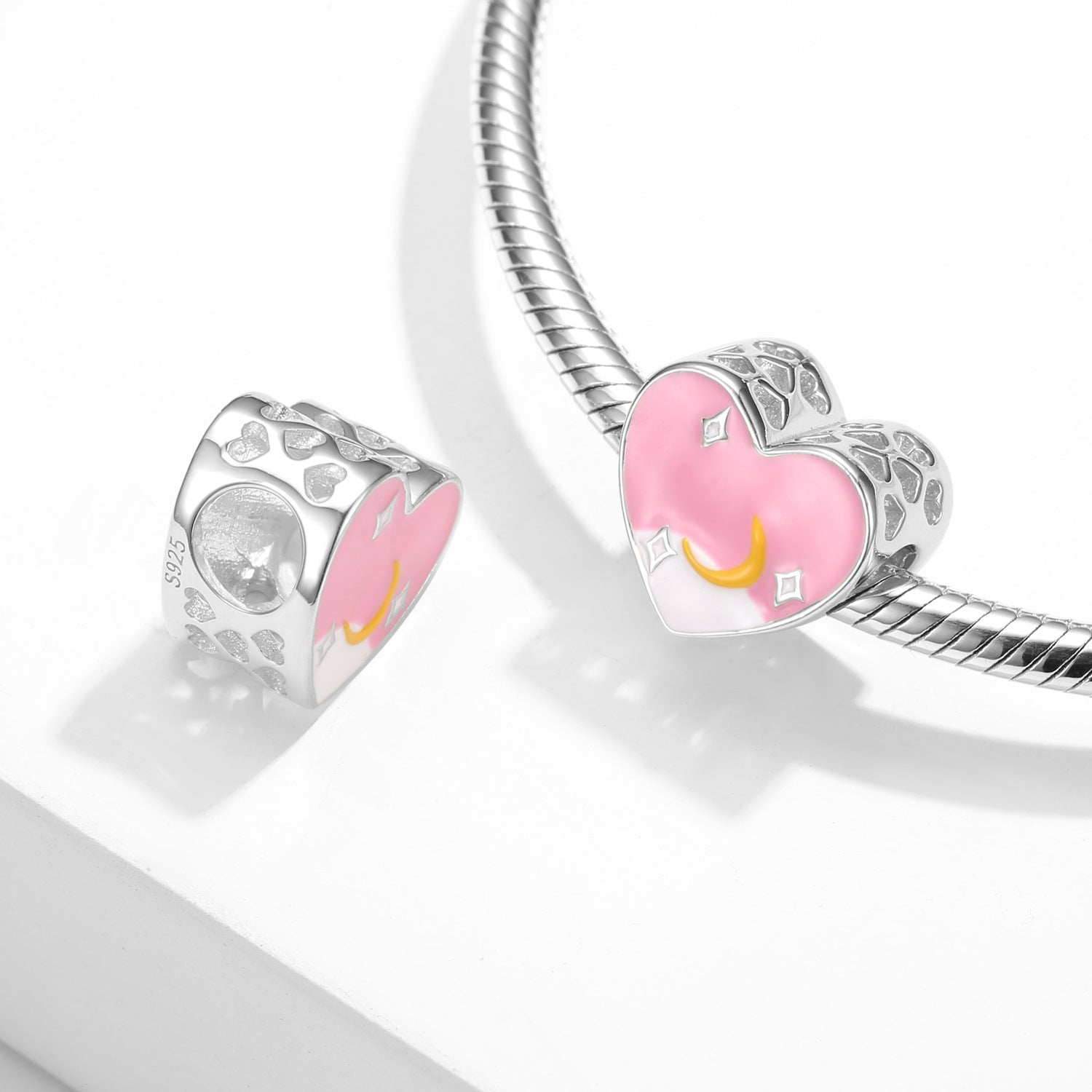 S925 Sterling Silver Pink Love Moon Beaded Pendant