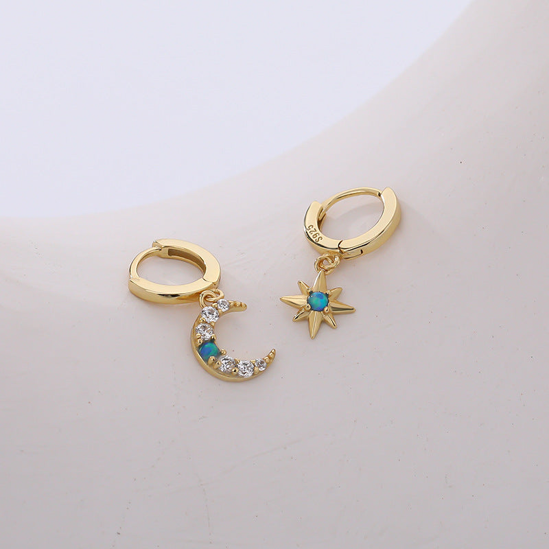 S925 Sterling Silver Star & Moon Opal and Zircon Earrings