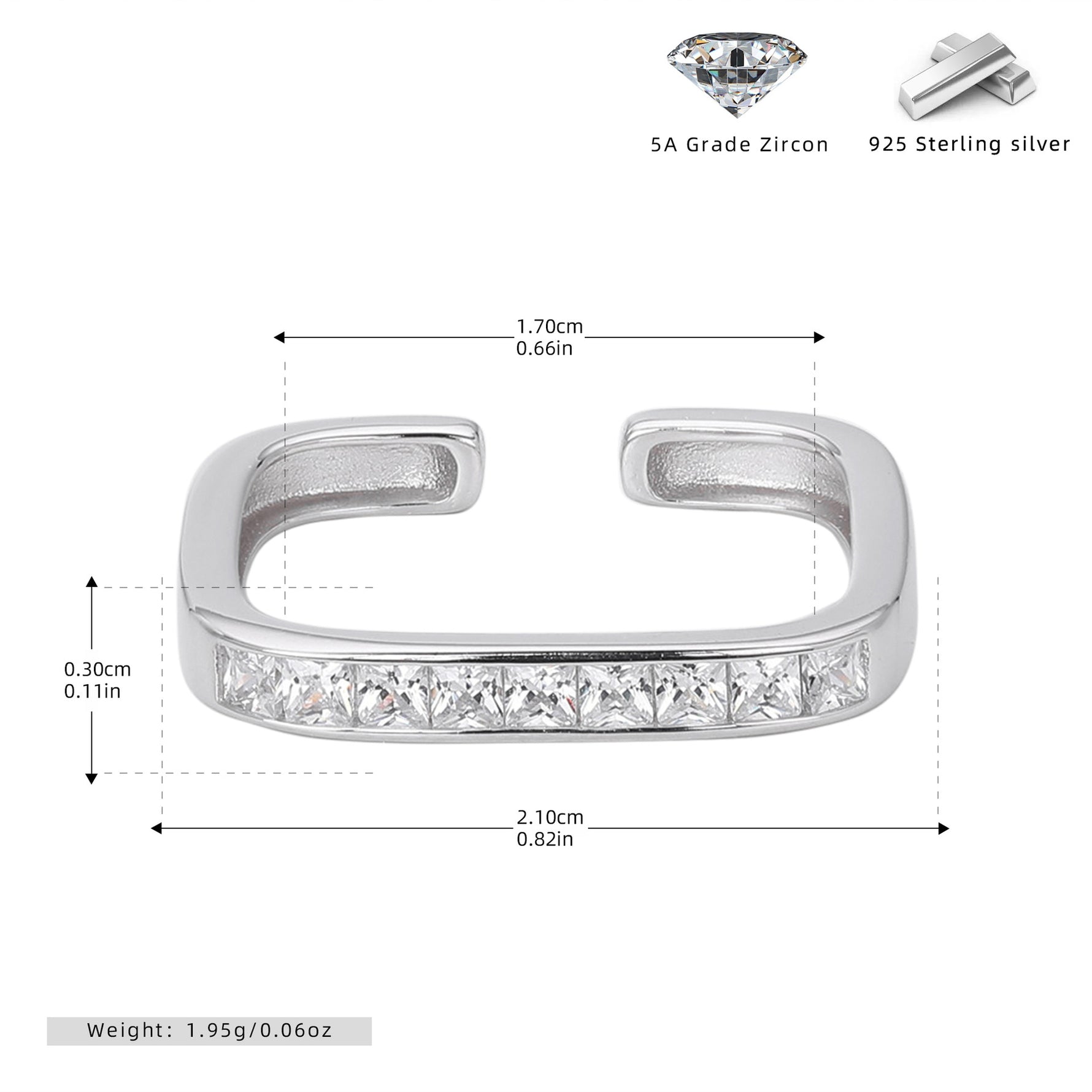 S925 sterling silver exquisite open ring set with square zircon stones