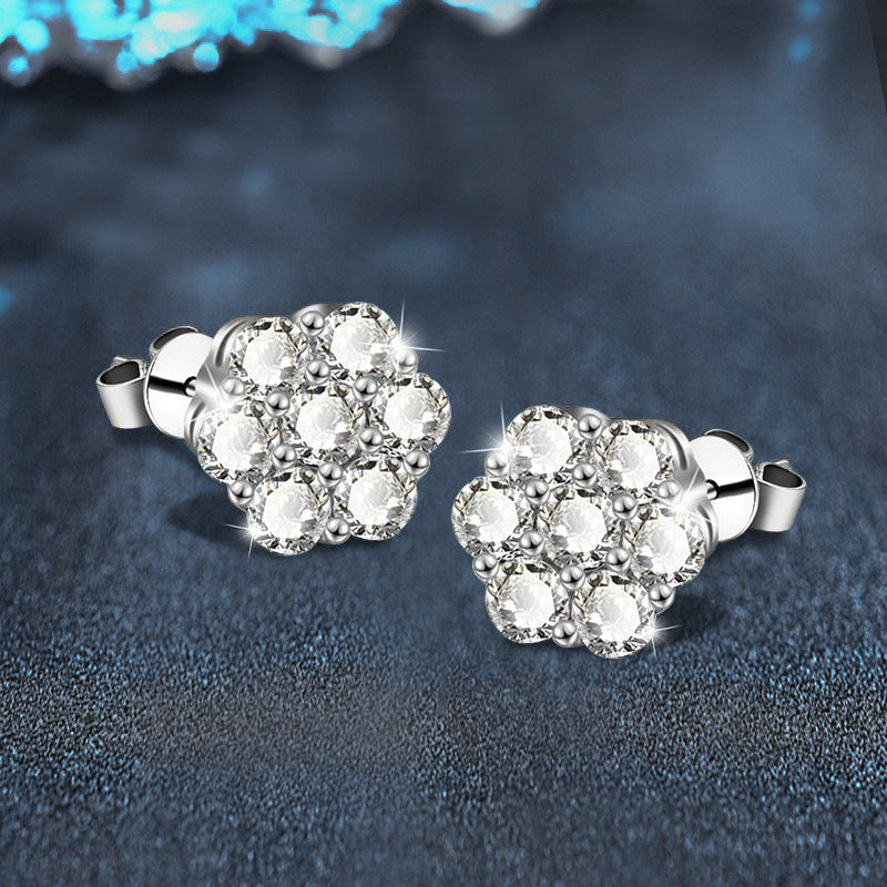 Moissanite Stud Earrings — 925 Sterling Silver, Elegant Petal and Snowflake Design