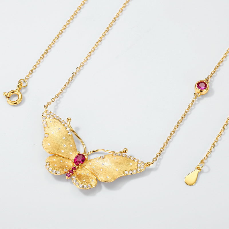 S925 Sterling Silver Gold-Plated Butterfly Red Sapphire Pendant Necklace