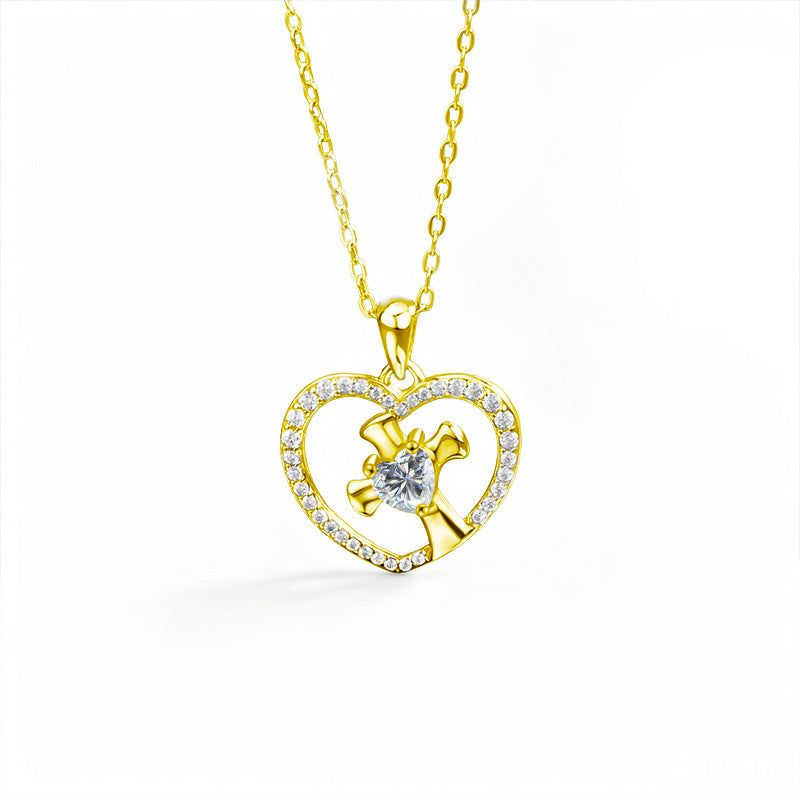 S925 Sterling Silver Moissanite Heart-Shaped Cross Necklace