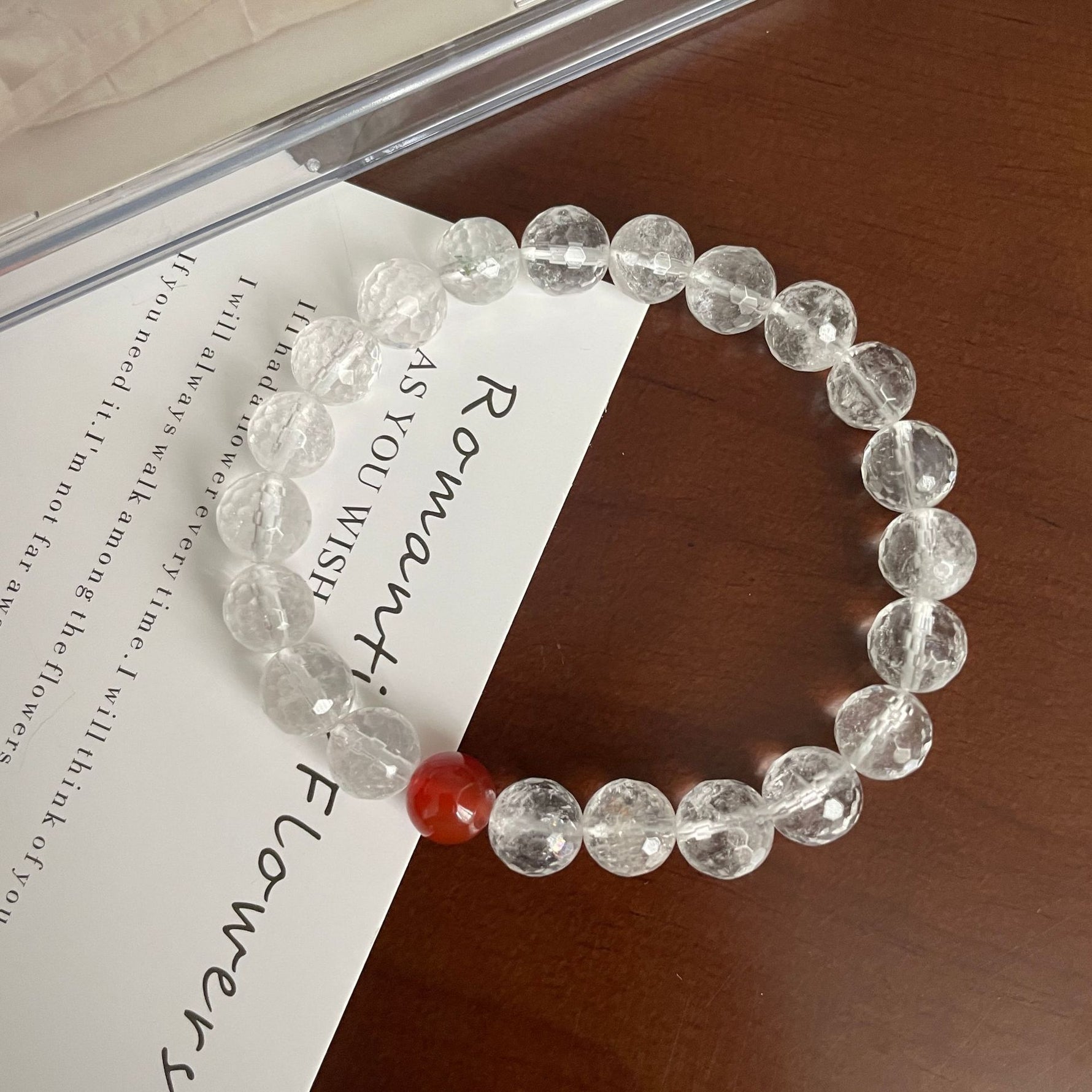 Cut white crystal beaded red agate bracelet