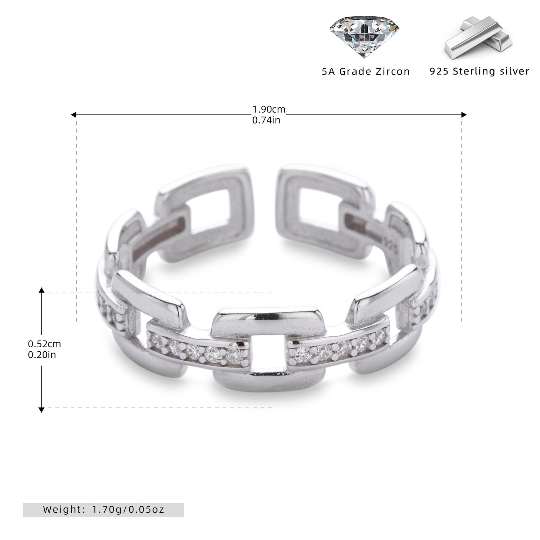 S925 Sterling Silver Ring with Zirconia Chain