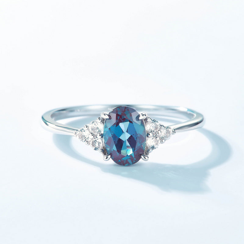 S925 Sterling Silver Gold-Plated Egg-Shaped Alexandrite Ring