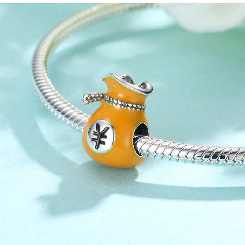 S925 Sterling Silver Purse Orange Ingot Beaded Pendant