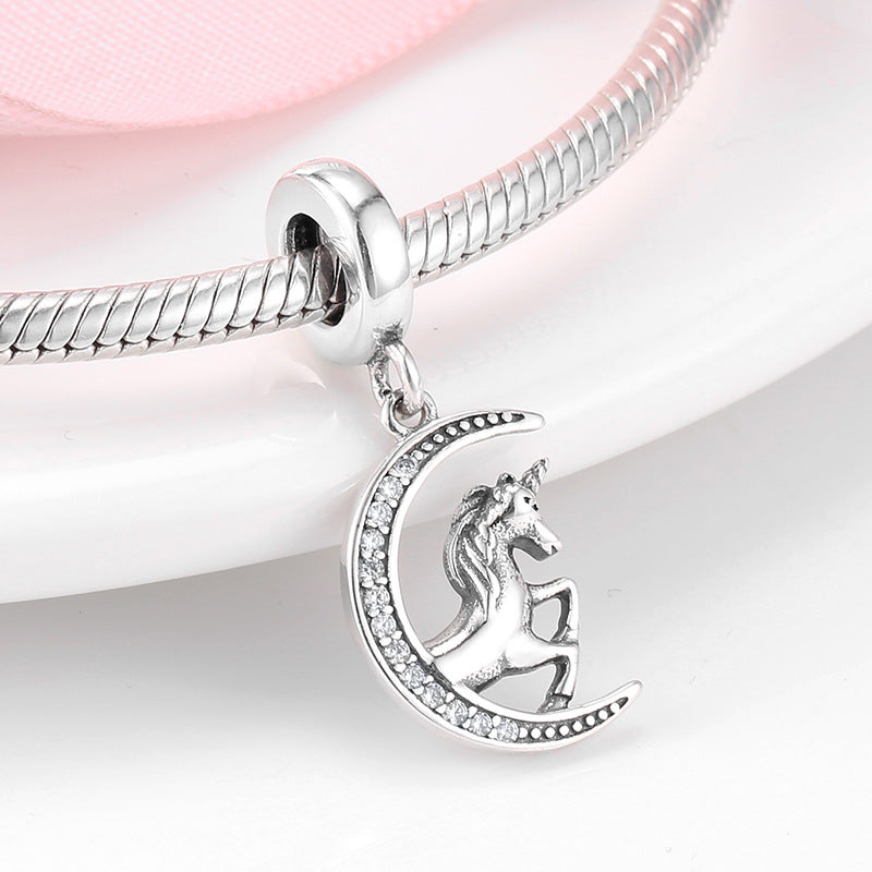 S925 Sterling Silver Unicorn Moon Zircon Pendant