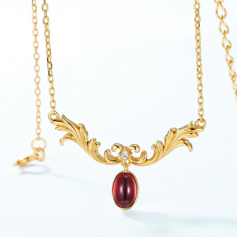 S925 Sterling Silver Court Style Natural Garnet Pendant Necklace