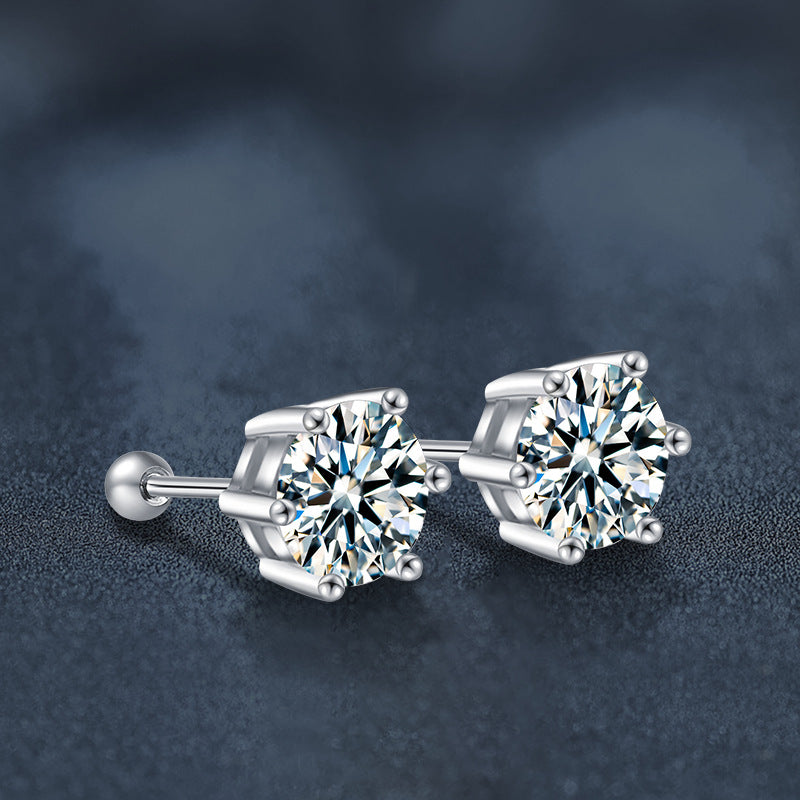 S925 Silver Threaded Stud Earrings — Classic Six-Prong Moissanite Studs