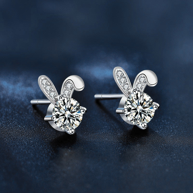 S925 Sterling Silver Cute Rabbit Stud Earrings with Moissanite